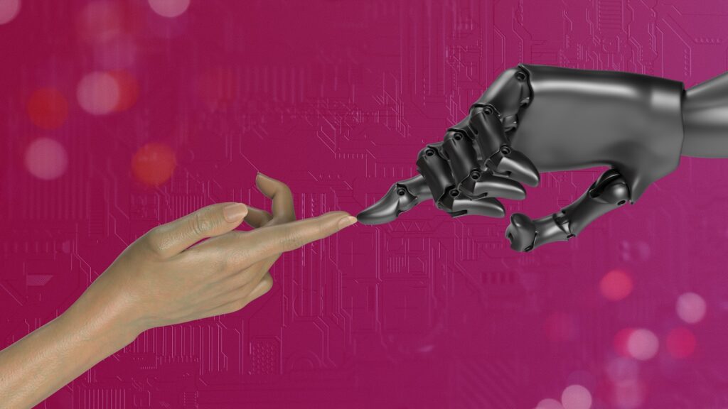 two hands touching each other in front of a pink background - header image for ai tools for small business post