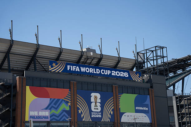 World Cup Philadelphia Pennsylvania June 7, 2026: Lincoln Financial Field in Philadelphia displays FIFA World Cup 2026 sign on the stadium exterior.